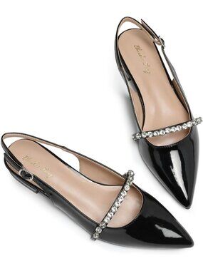 Women's Slingback Flats with Rhinestone Pointed Toe Flats Black Pu Dressy Shoes